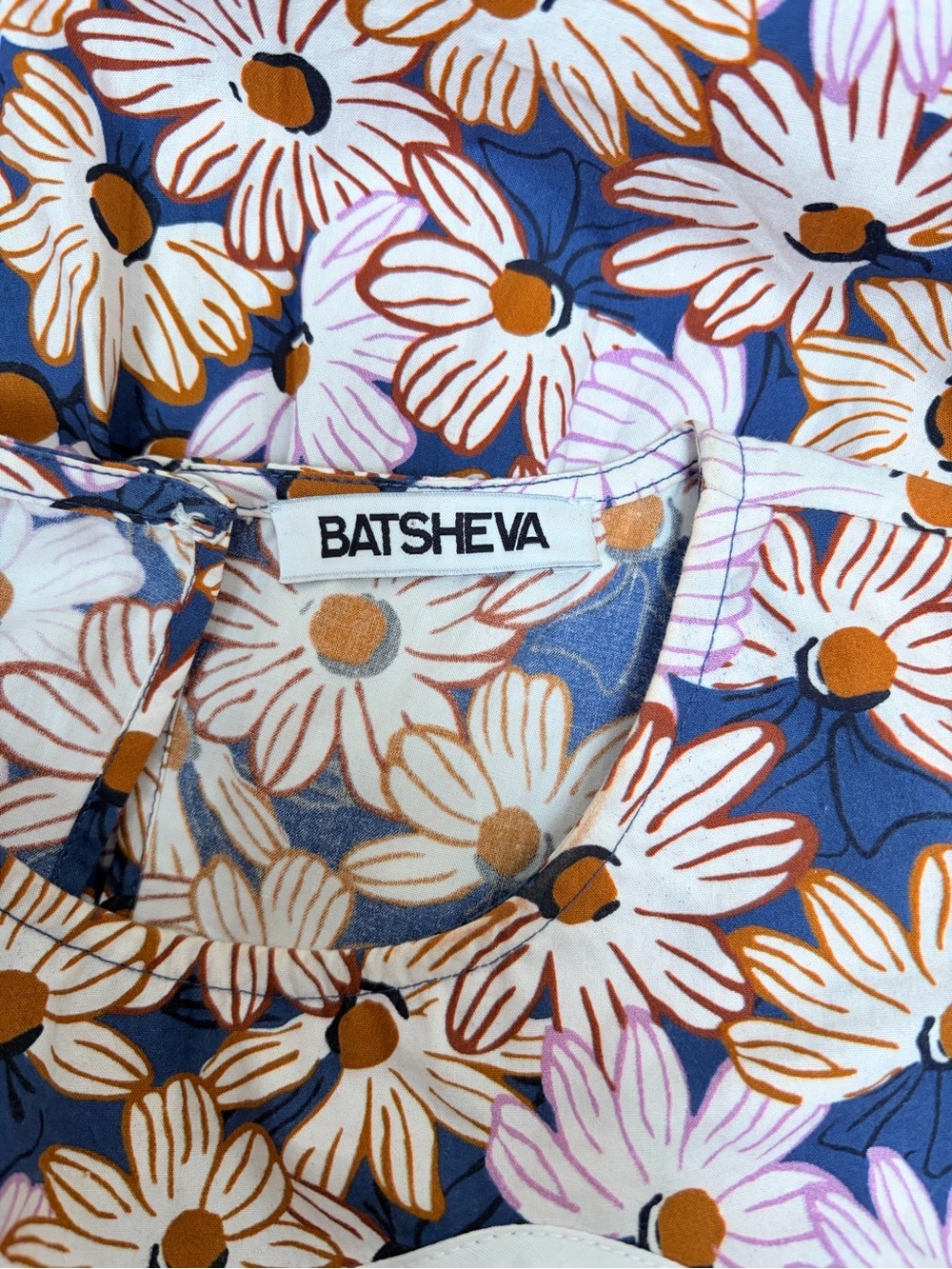 Batsheva Floral Daisy Dress Poplin Long Sleeve Mini Esme Cotton Blue Pink Size 2 - Picture 3 of 10
